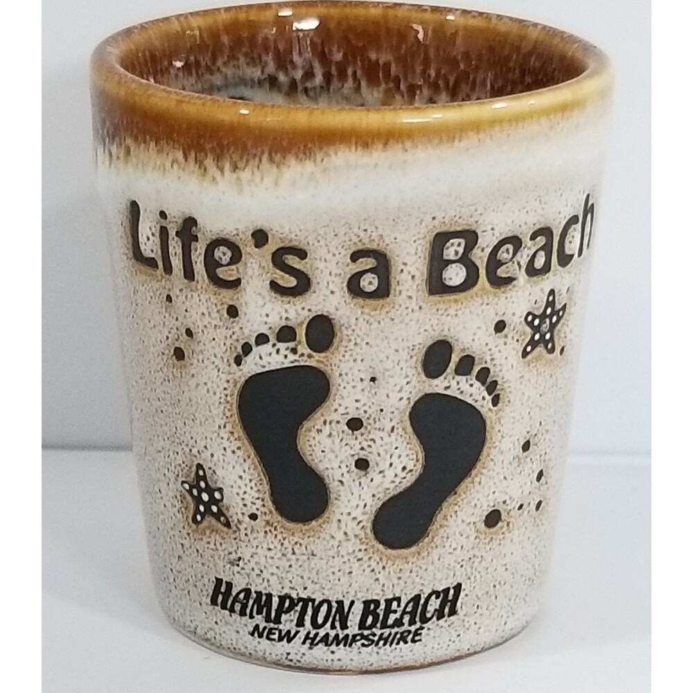 Vintage Life's A Beach Hampton Beach NH Stoneware Shot Glass Drip Glaze Pottery